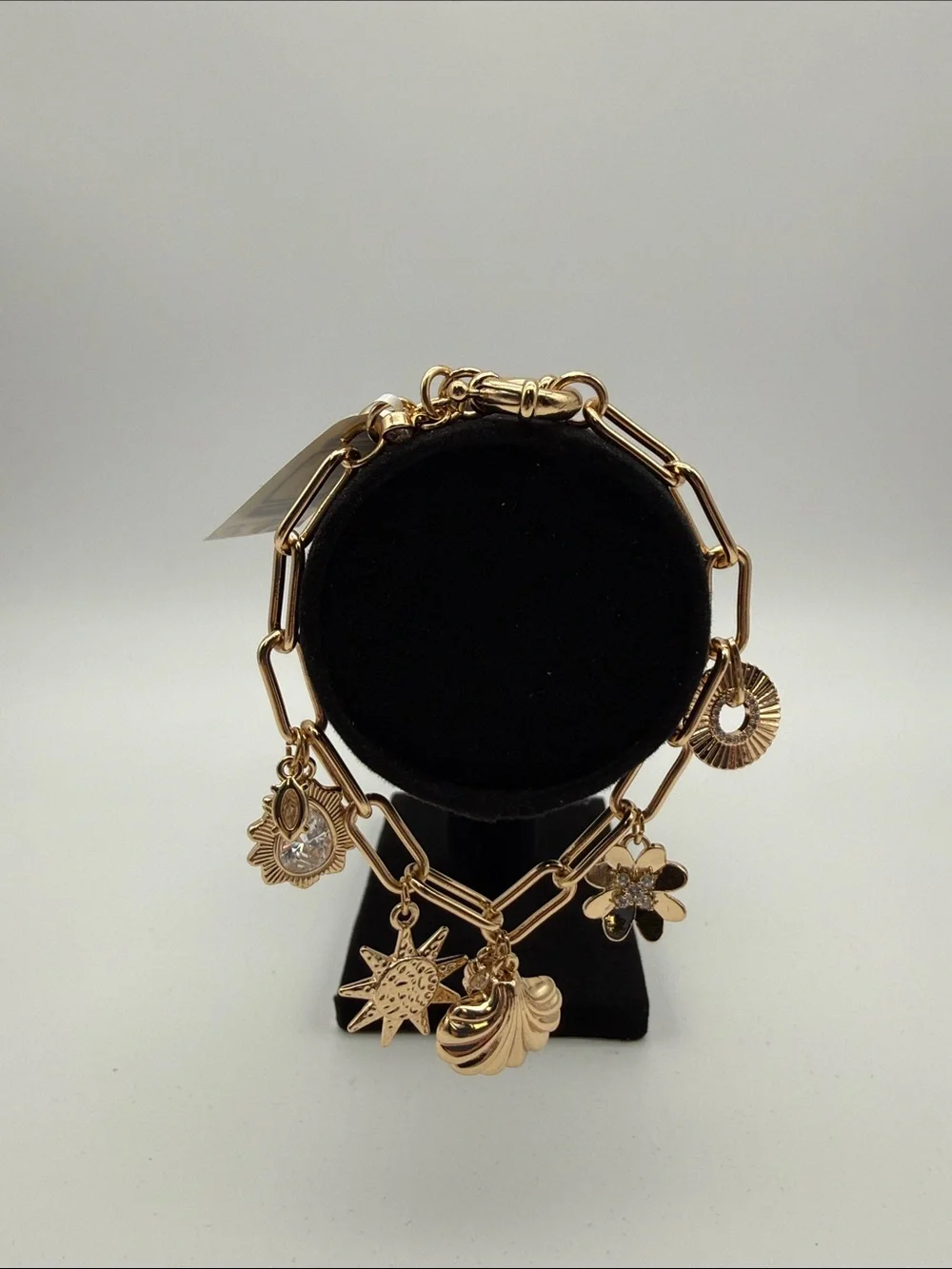 Gold Charm Link Bracelet with Shell, Sun & Floral Charms
